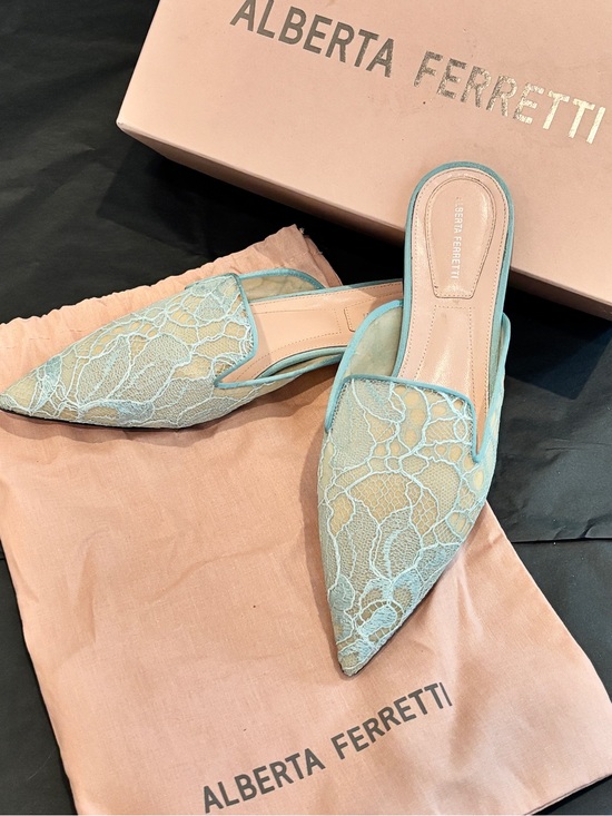 Alberta Ferretti Shoes - Alberta Ferretti Mint Green Lace Pointed Slip-On Mules